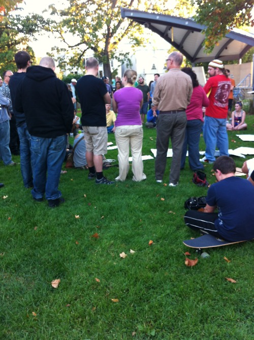Occupy Kalamazoo planning meeting earlier today.  The group started on Facebook yesterday and over a hundred people showed up, 6 dogs :-) if we each bring 10 people we could have over a thousand people at our gathering next week.